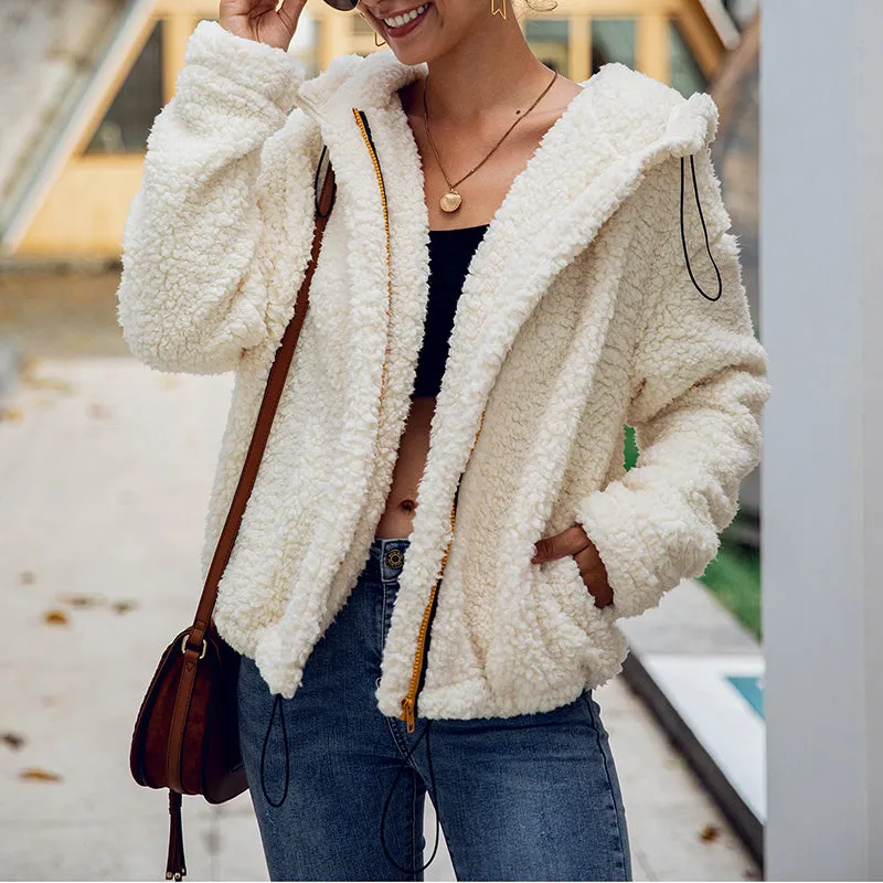 Hooded Long-sleeved Plush Pocket Zip Sweatshirt