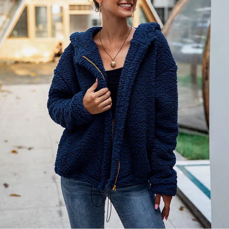 Hooded Long-sleeved Plush Pocket Zip Sweatshirt