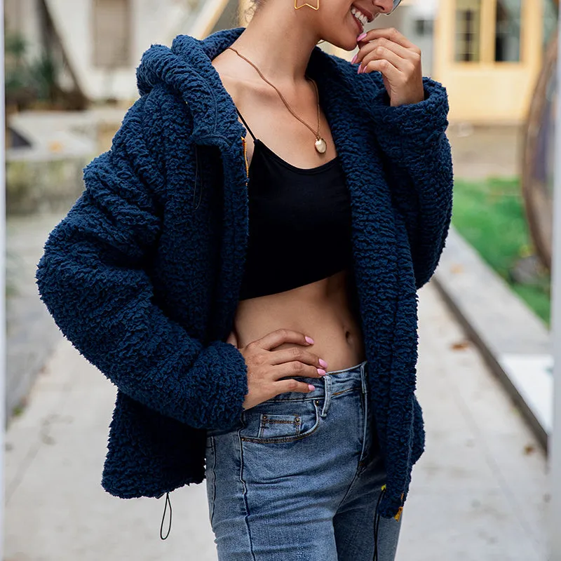 Hooded Long-sleeved Plush Pocket Zip Sweatshirt