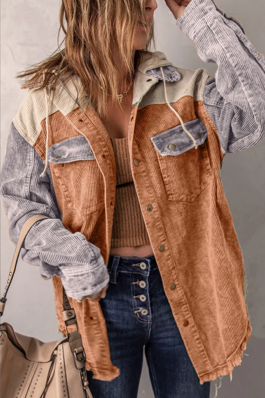 Hooded Pocket Button Stitched Corduroy Patchwork Jacket