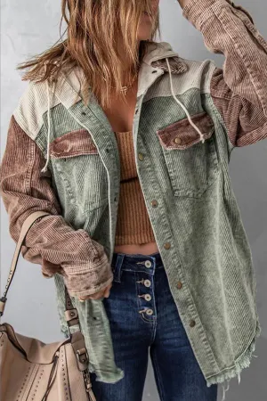 Hooded Pocket Button Stitched Corduroy Patchwork Jacket