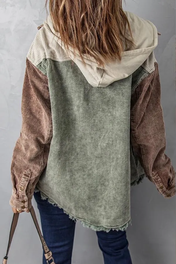 Hooded Pocket Button Stitched Corduroy Patchwork Jacket