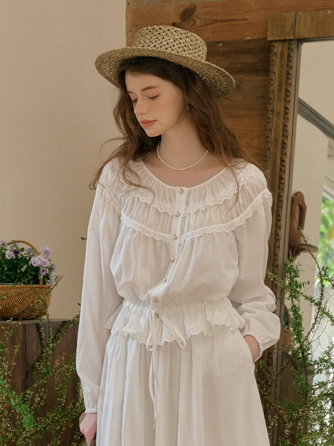 Isabella Round Neck Lace Cotton Blouse