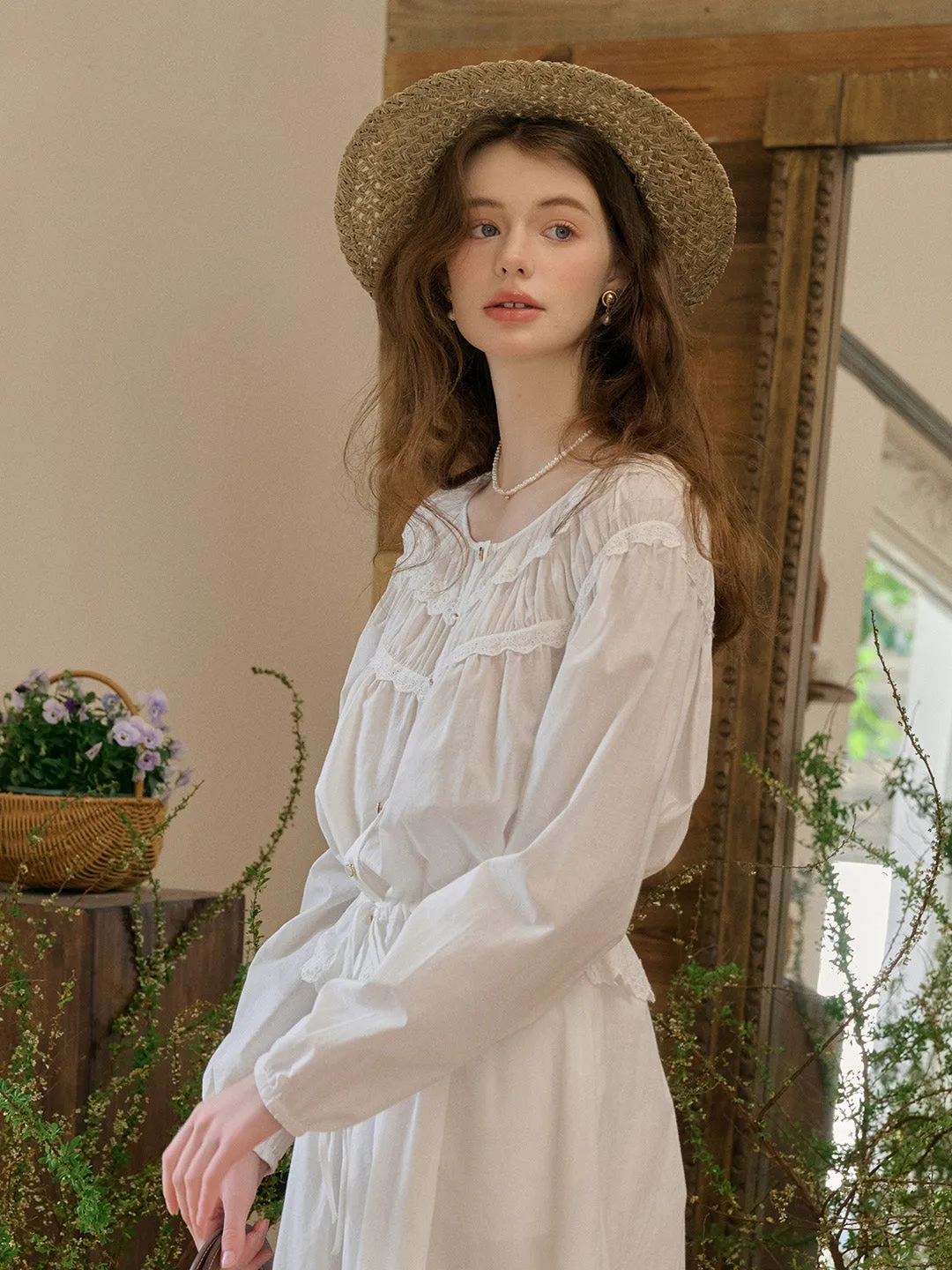Isabella Round Neck Lace Cotton Blouse