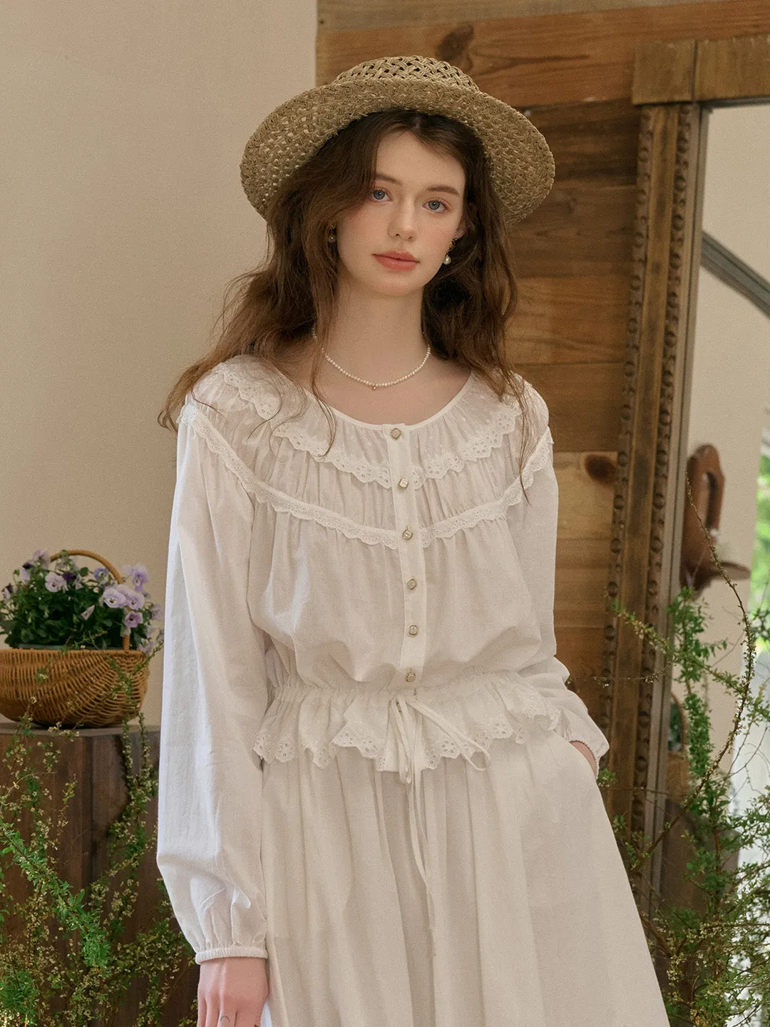 Isabella Round Neck Lace Cotton Blouse