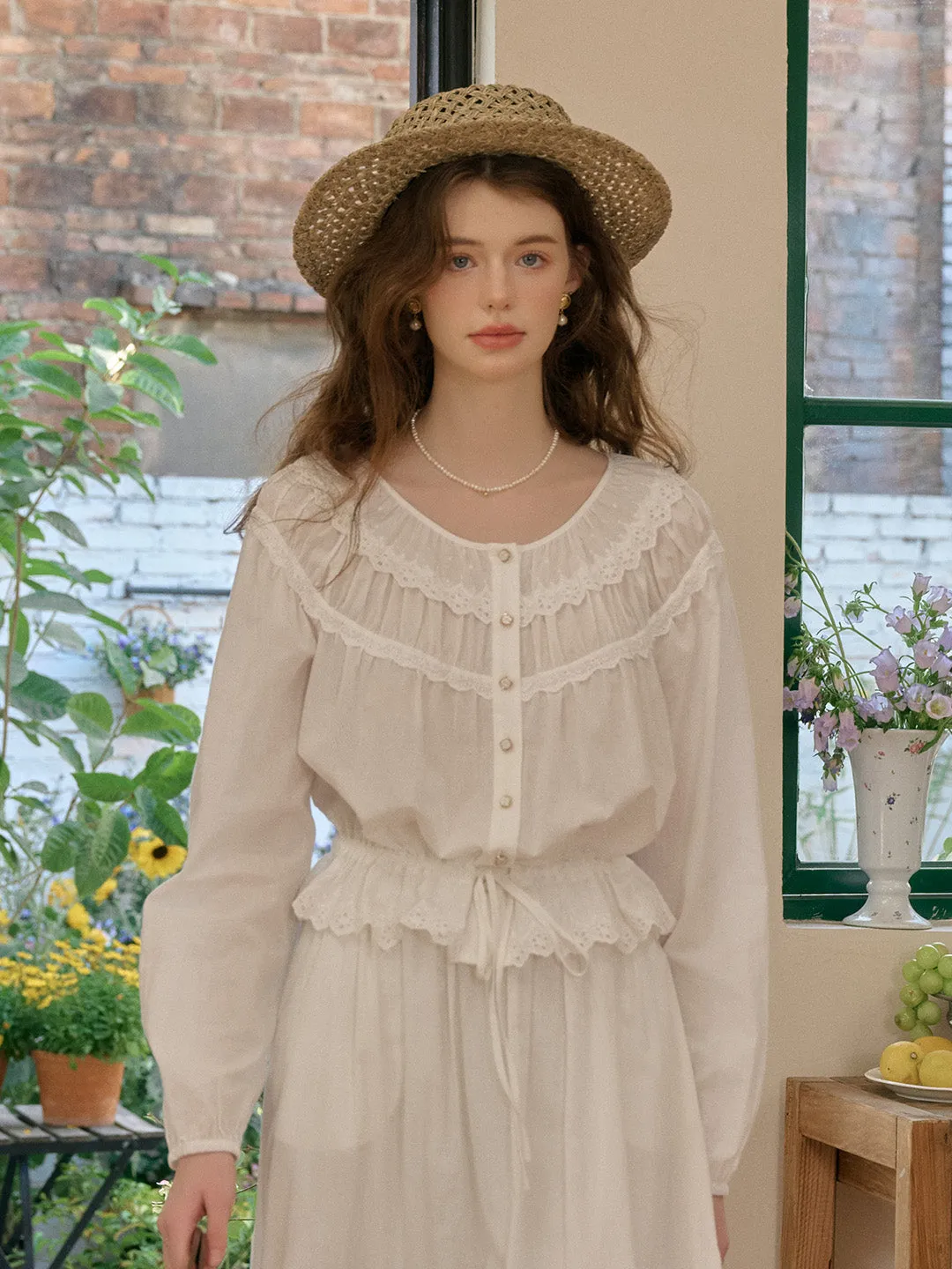Isabella Round Neck Lace Cotton Blouse