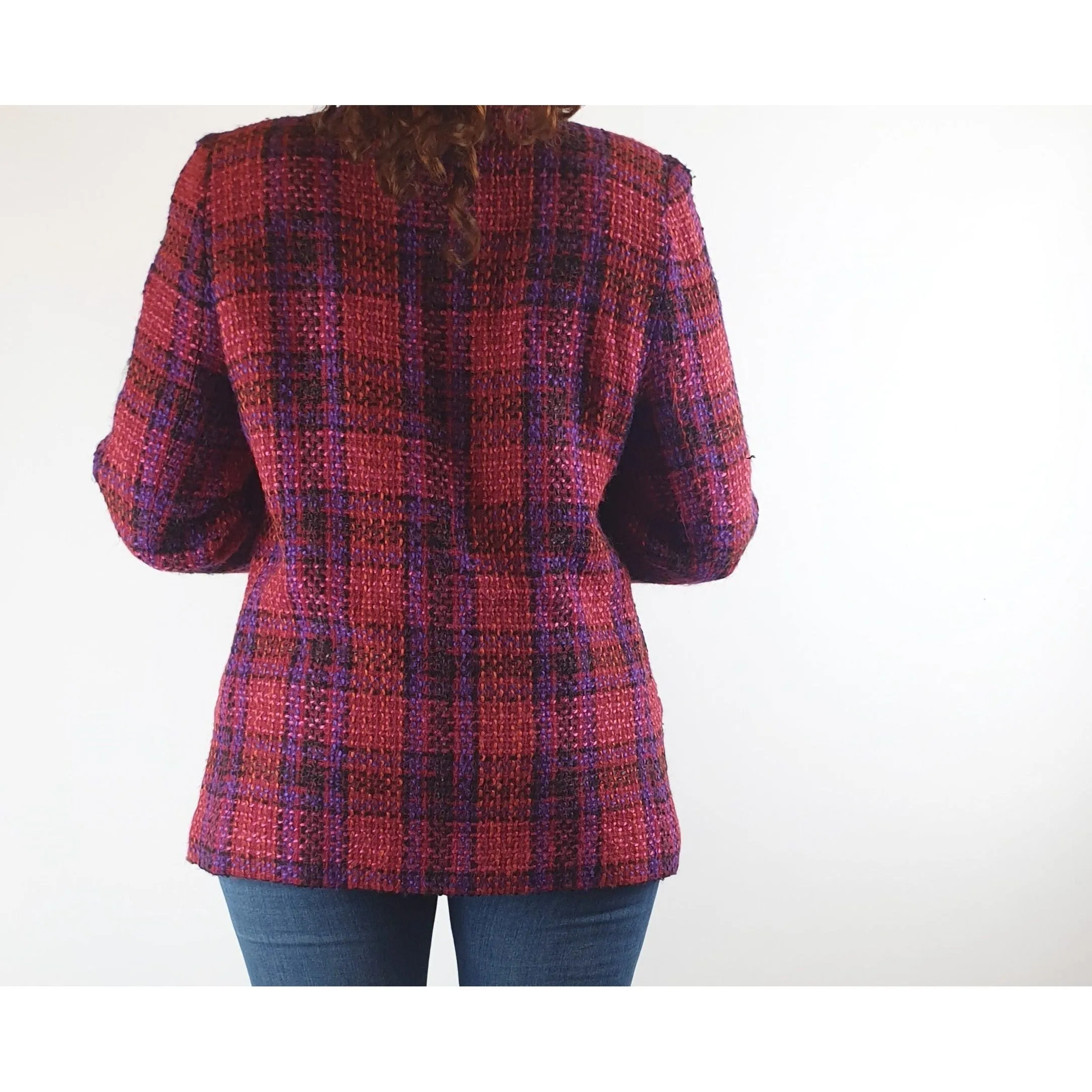 Jacqueline wool mix vintage pink and purple knit jacket with crushed velvet collar size S/10