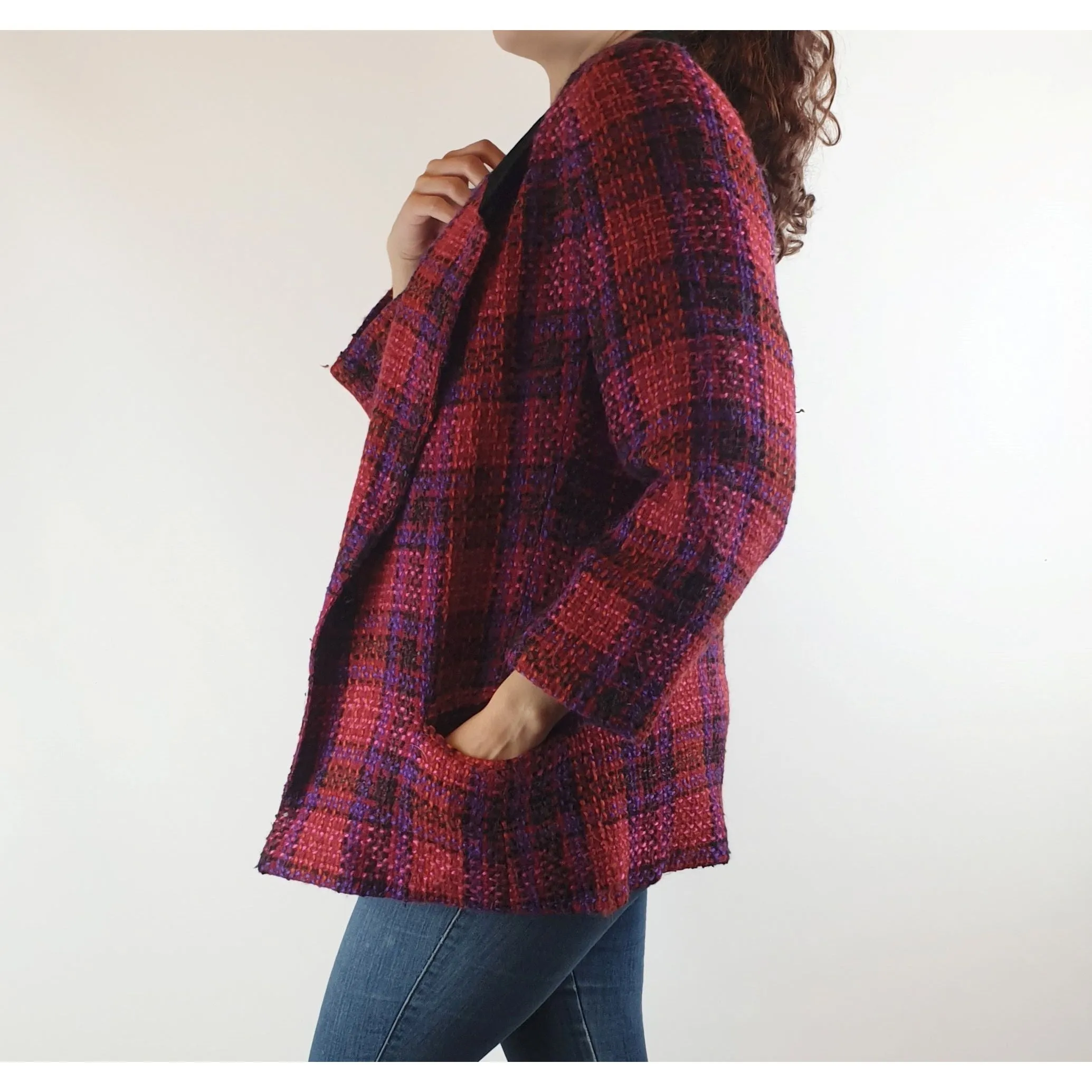 Jacqueline wool mix vintage pink and purple knit jacket with crushed velvet collar size S/10