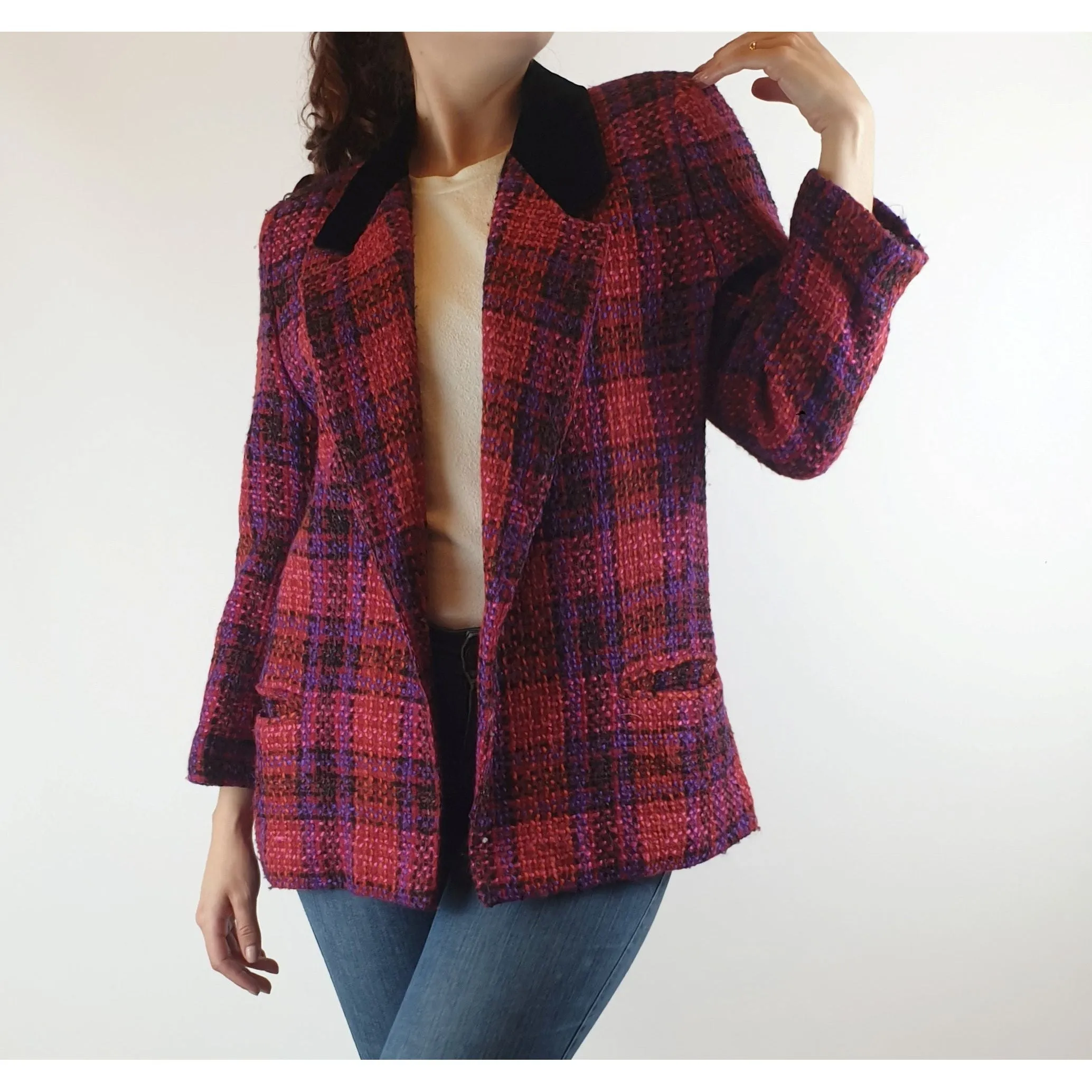 Jacqueline wool mix vintage pink and purple knit jacket with crushed velvet collar size S/10
