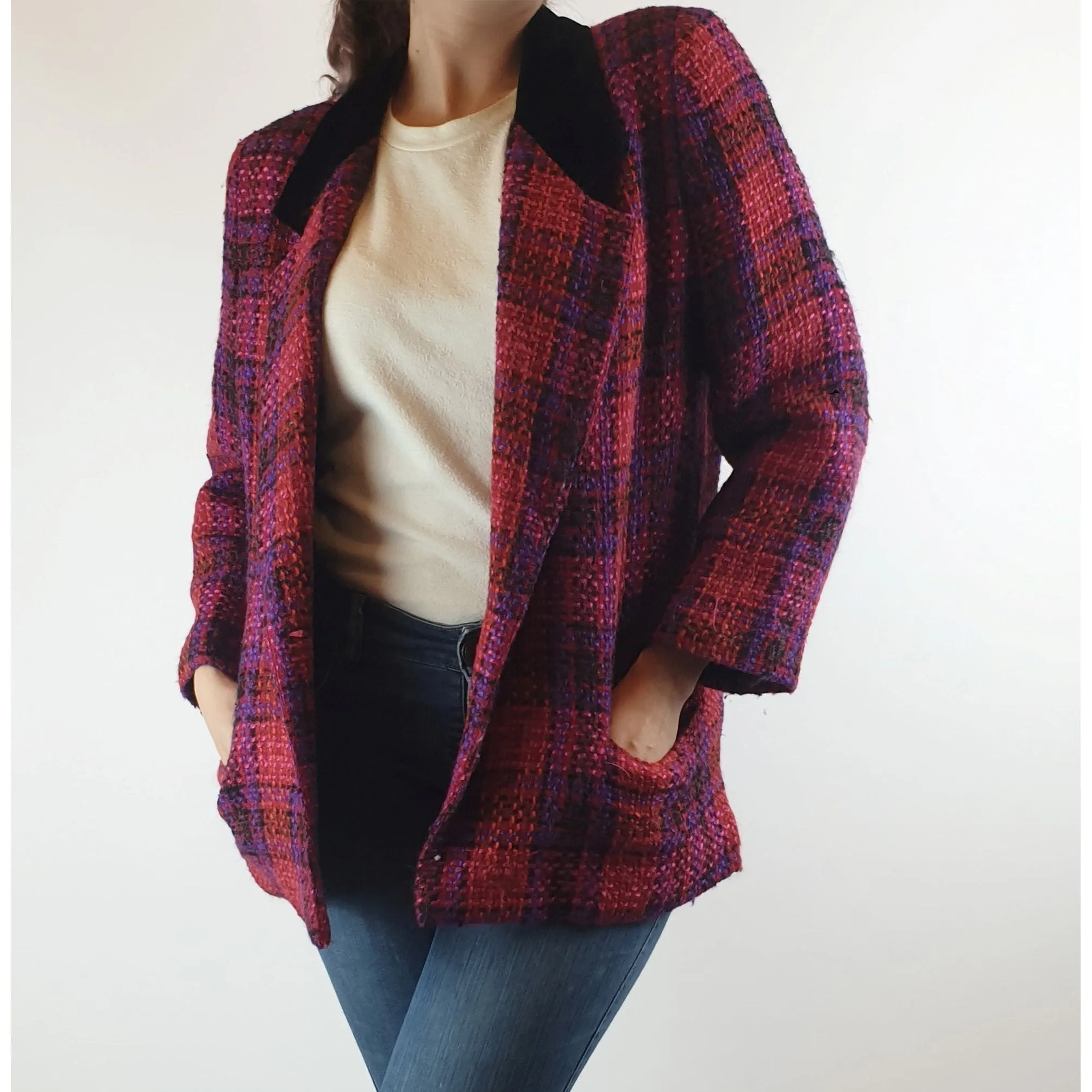 Jacqueline wool mix vintage pink and purple knit jacket with crushed velvet collar size S/10