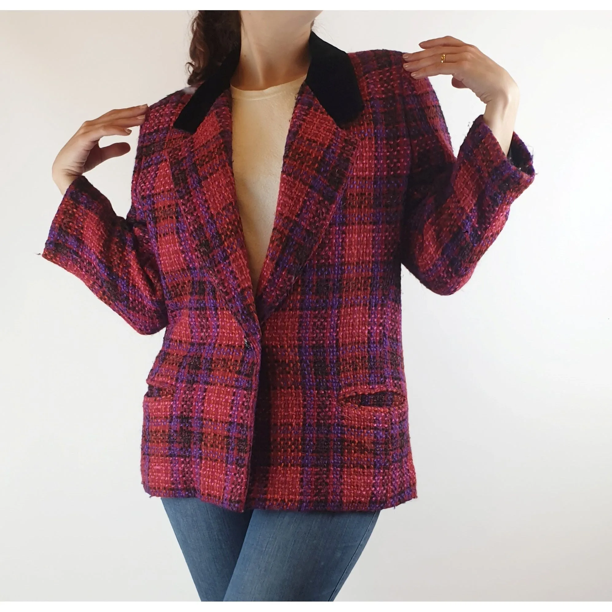 Jacqueline wool mix vintage pink and purple knit jacket with crushed velvet collar size S/10
