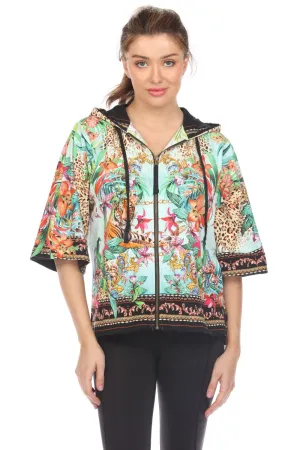 Johnny Was Dolman Short Sleeve Zip Front Hoodie Boho Chic T42824