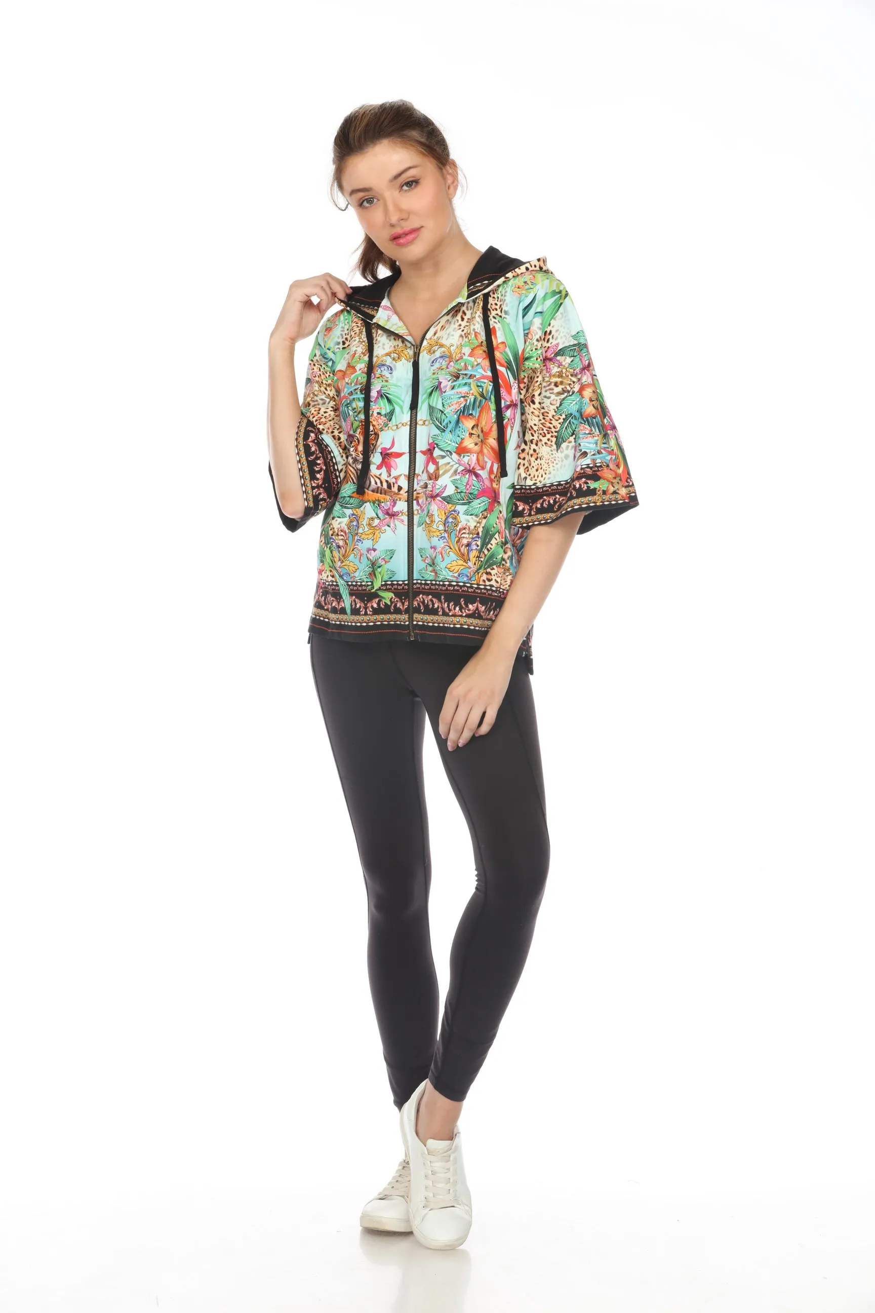 Johnny Was Dolman Short Sleeve Zip Front Hoodie Boho Chic T42824