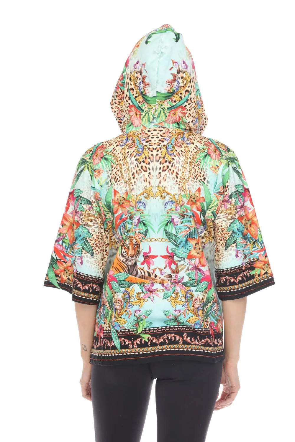 Johnny Was Dolman Short Sleeve Zip Front Hoodie Boho Chic T42824