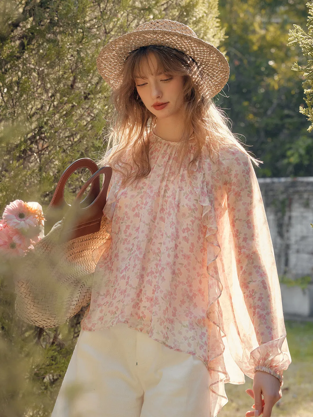 Josie Round Neck Ruffle Floral Blouse