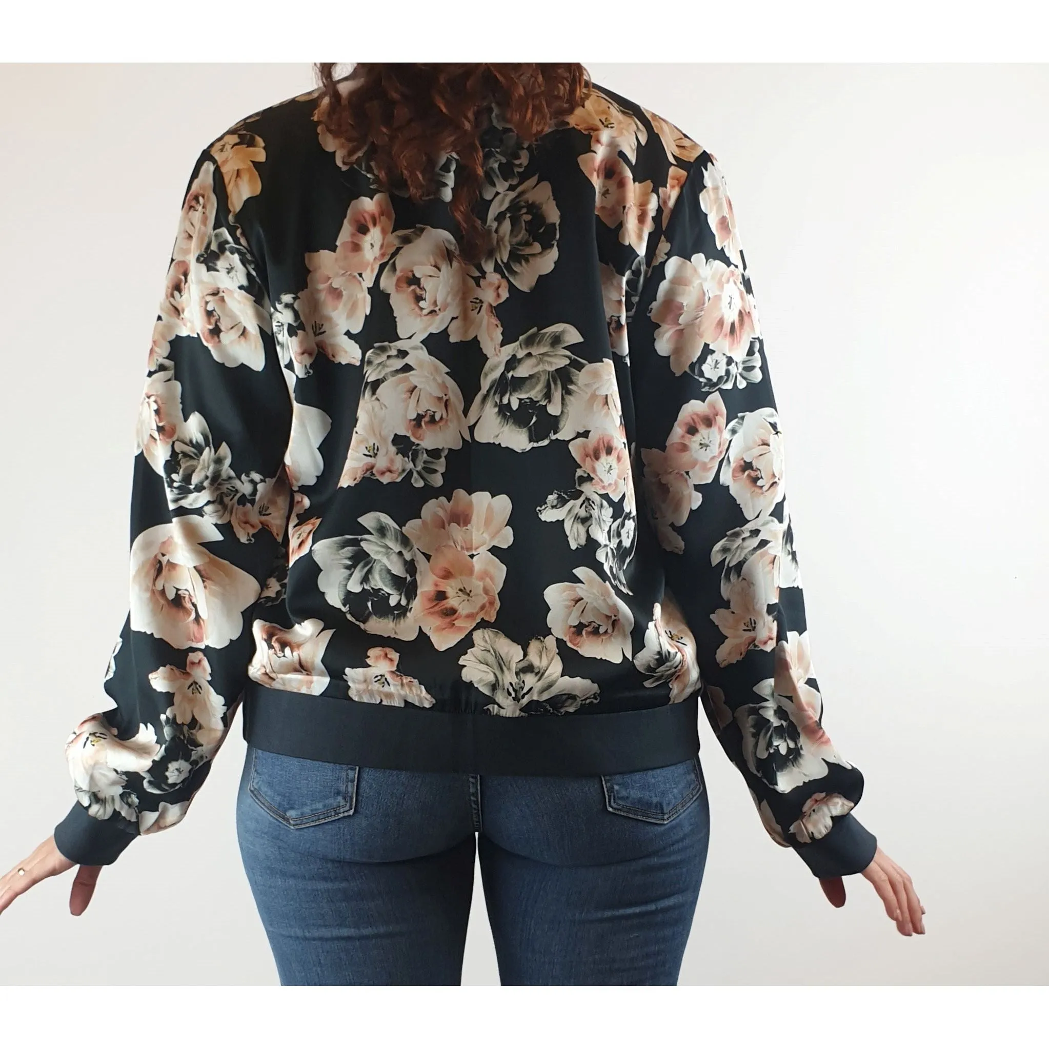 Jump black silkly feel bomber style jacket with pretty rose print size 10