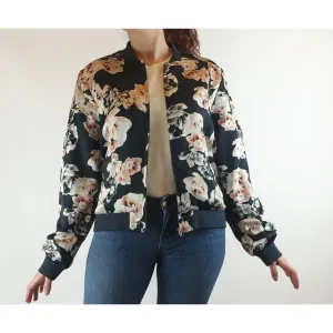 Jump black silkly feel bomber style jacket with pretty rose print size 10