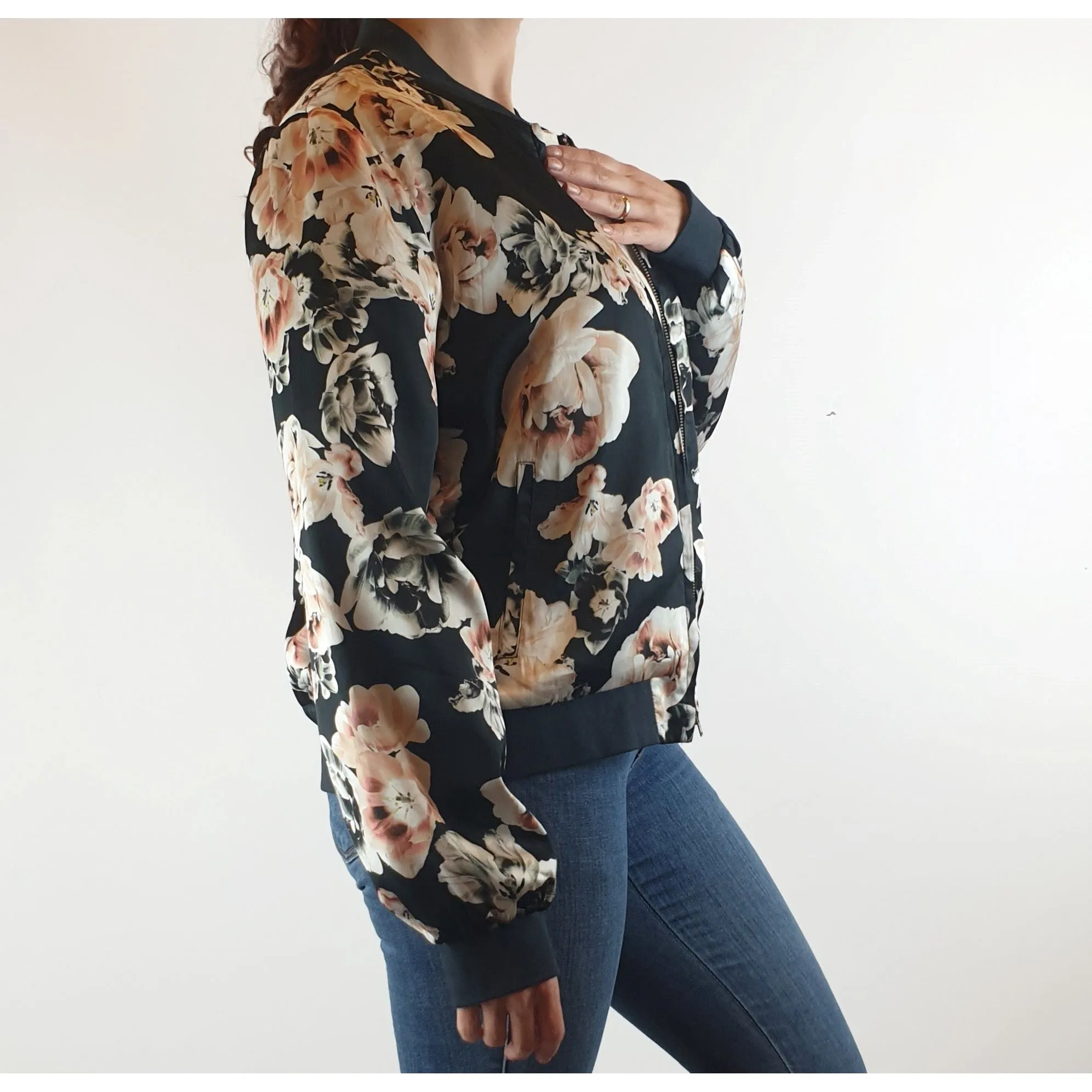 Jump black silkly feel bomber style jacket with pretty rose print size 10
