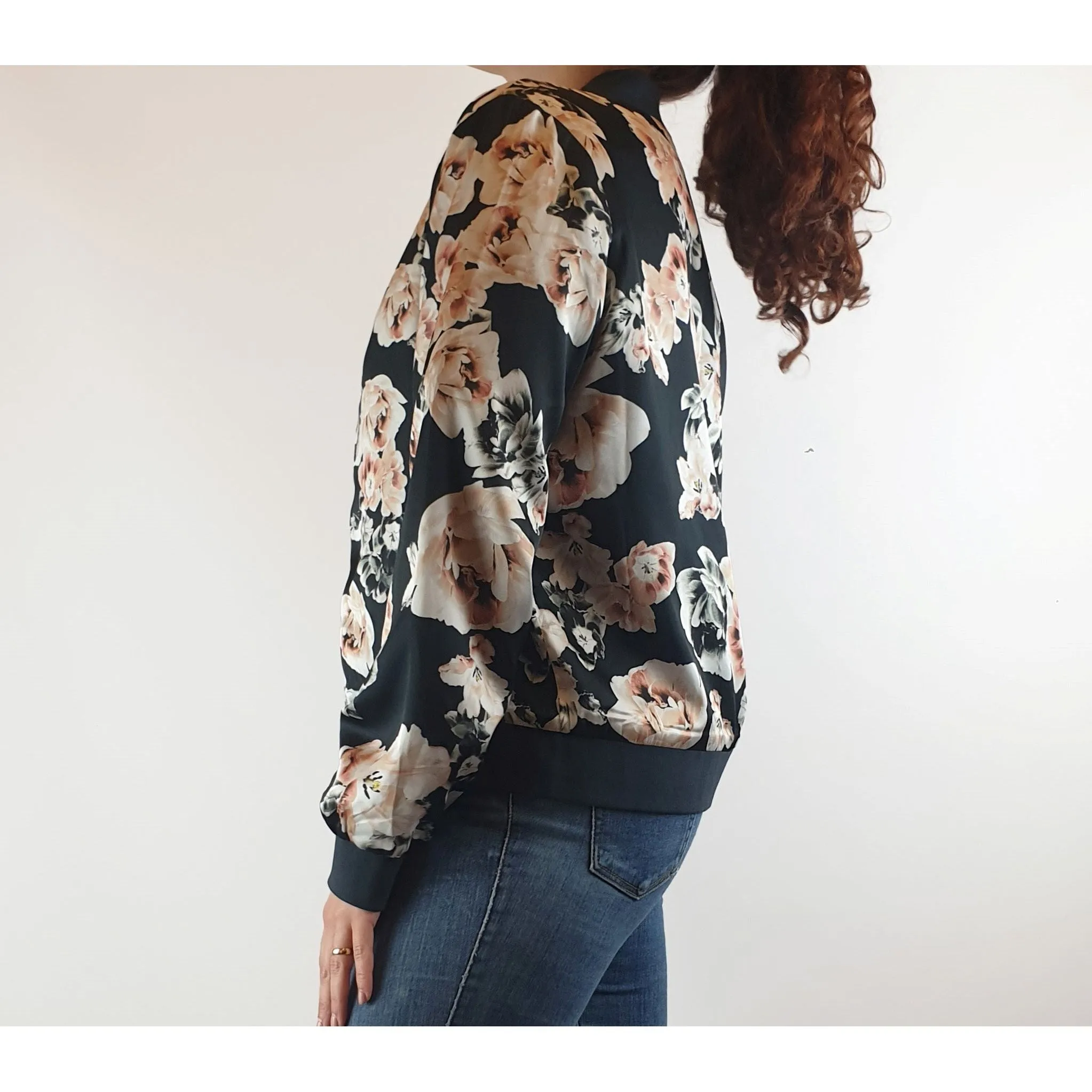 Jump black silkly feel bomber style jacket with pretty rose print size 10