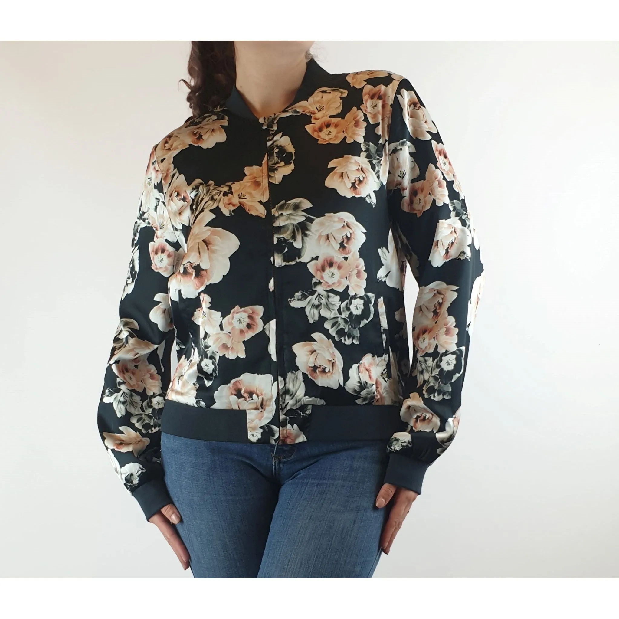 Jump black silkly feel bomber style jacket with pretty rose print size 10