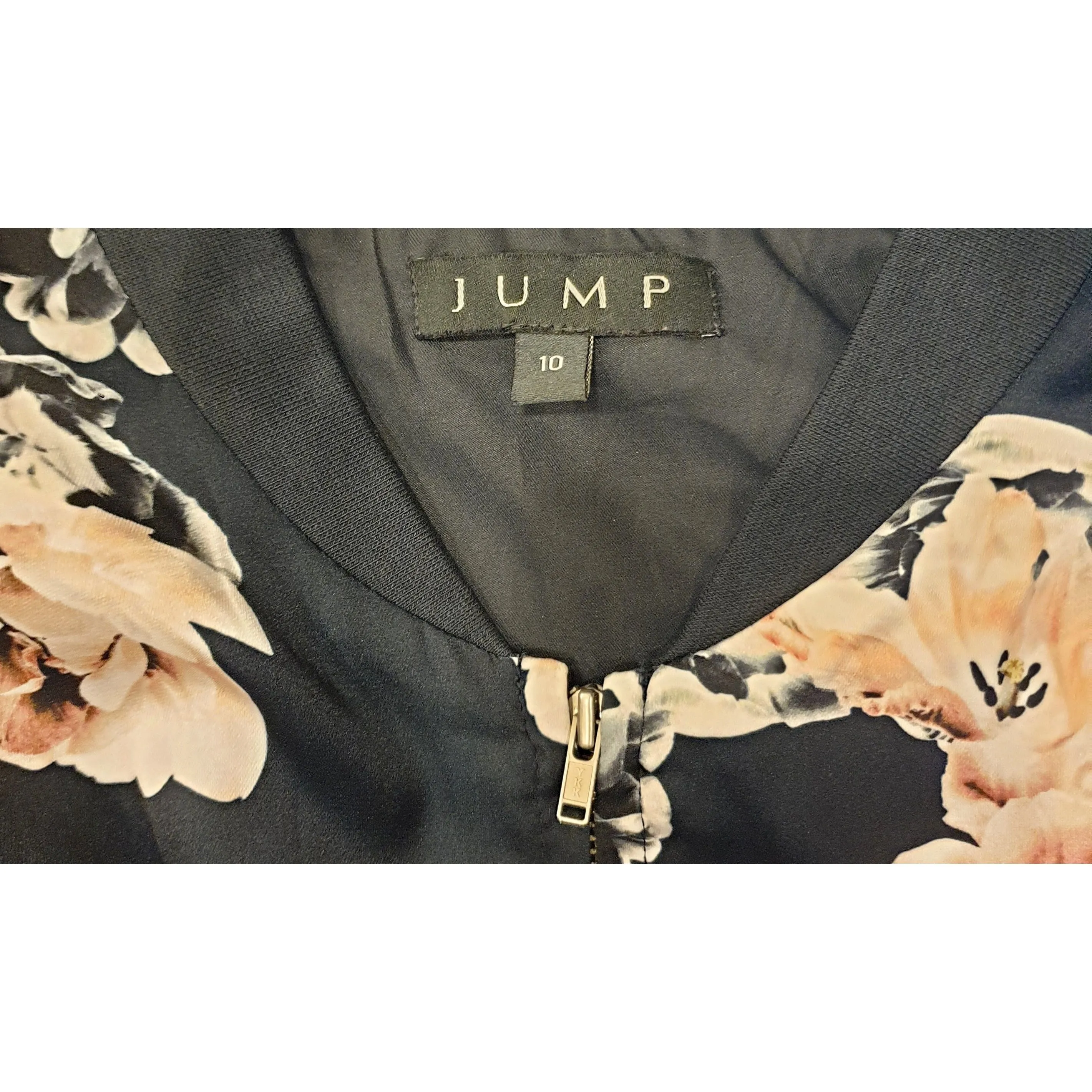 Jump black silkly feel bomber style jacket with pretty rose print size 10