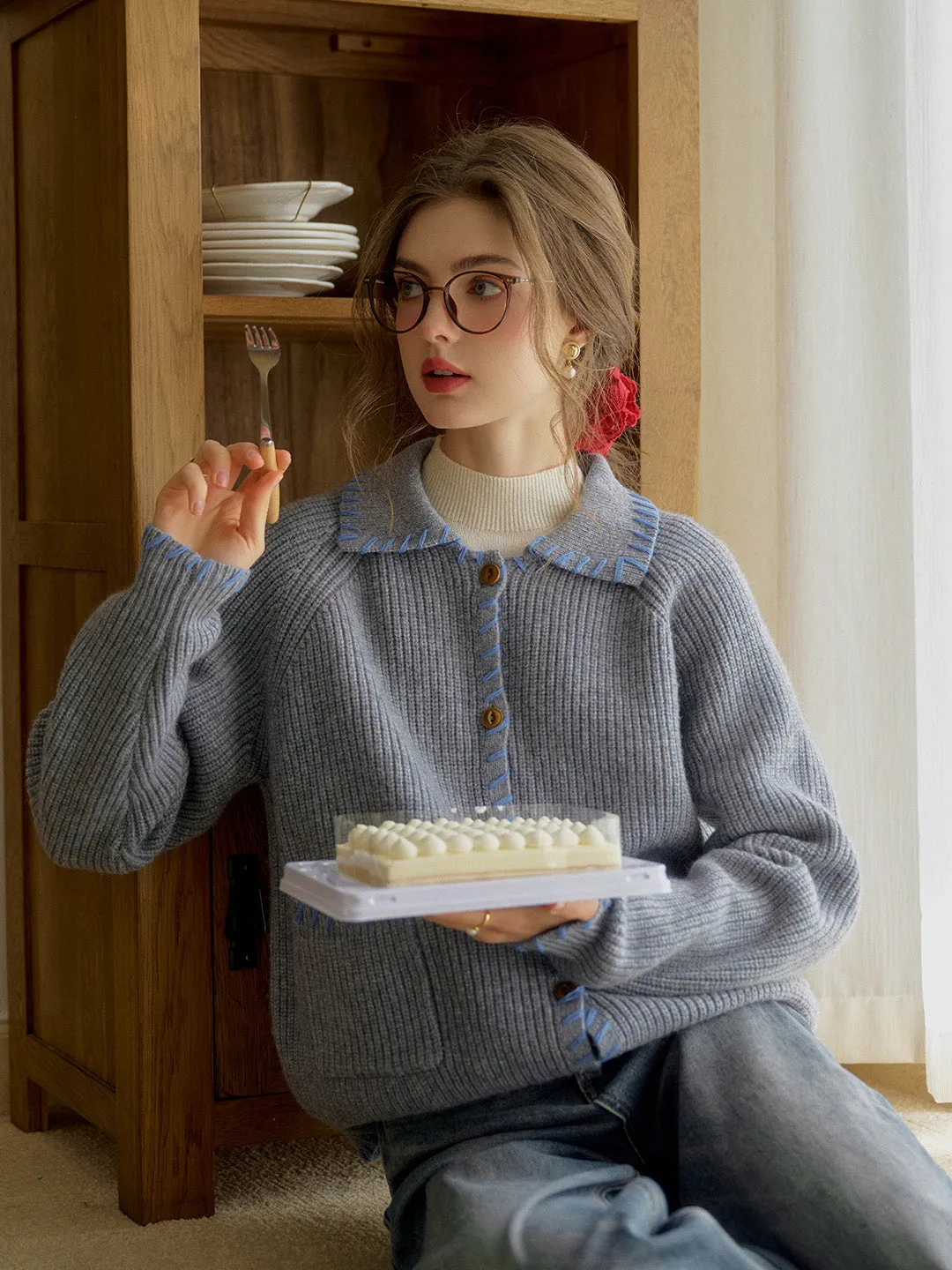 Kahlani Peter Pan Collar Contrasting Embroidered Pocket 100% Wool Cardigan - Gray