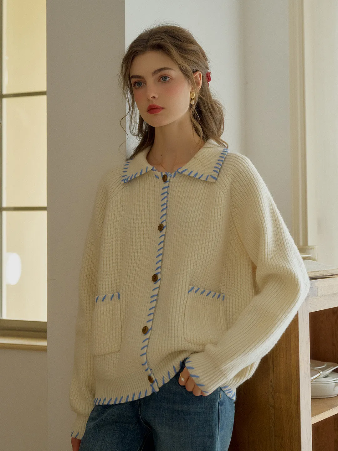 Kahlani Peter Pan Collar Contrasting Embroidered Pocket 100% Wool Cardigan - Gray