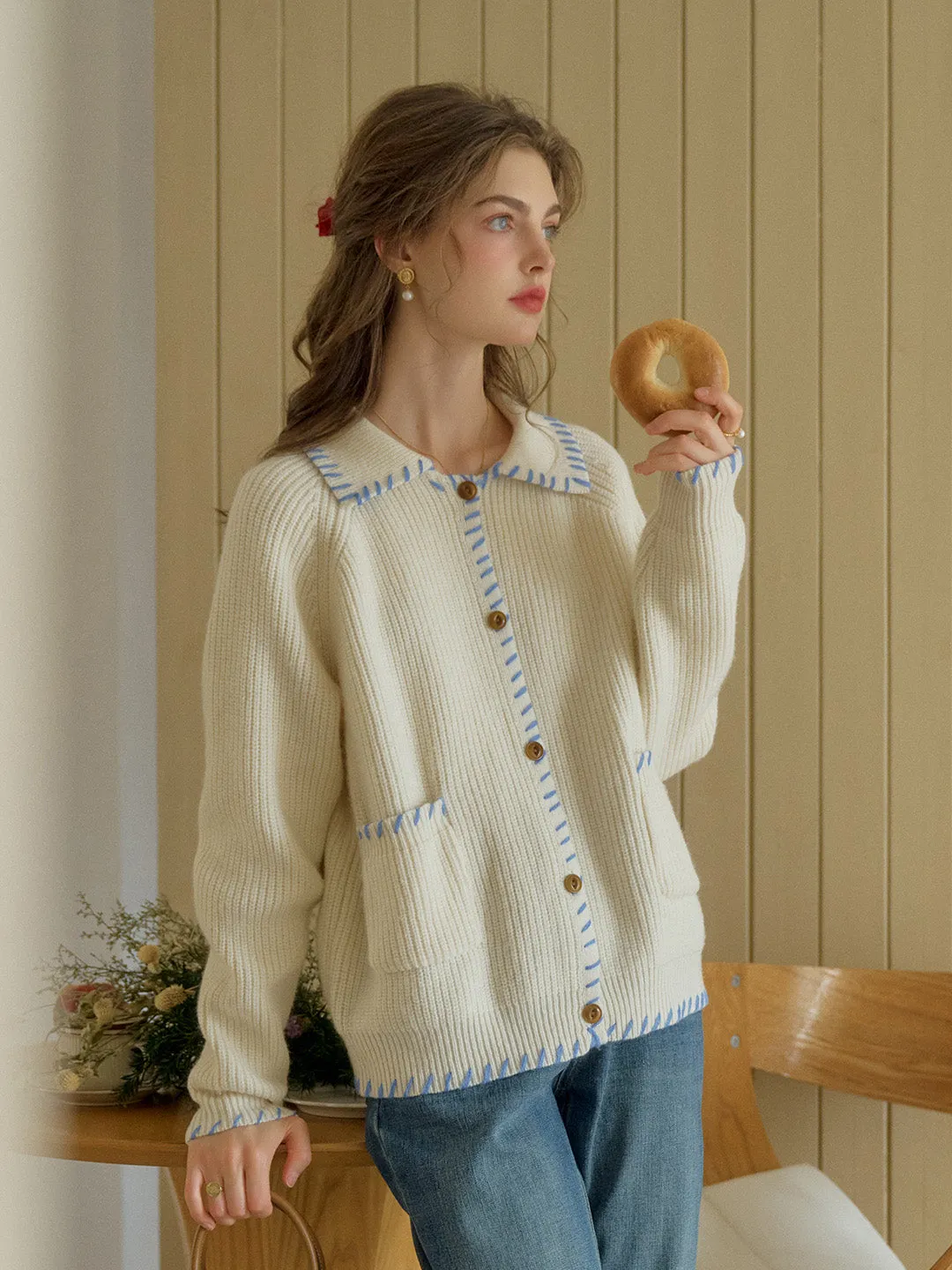 Kahlani Peter Pan Collar Contrasting Embroidered Pocket 100% Wool Cardigan - Gray