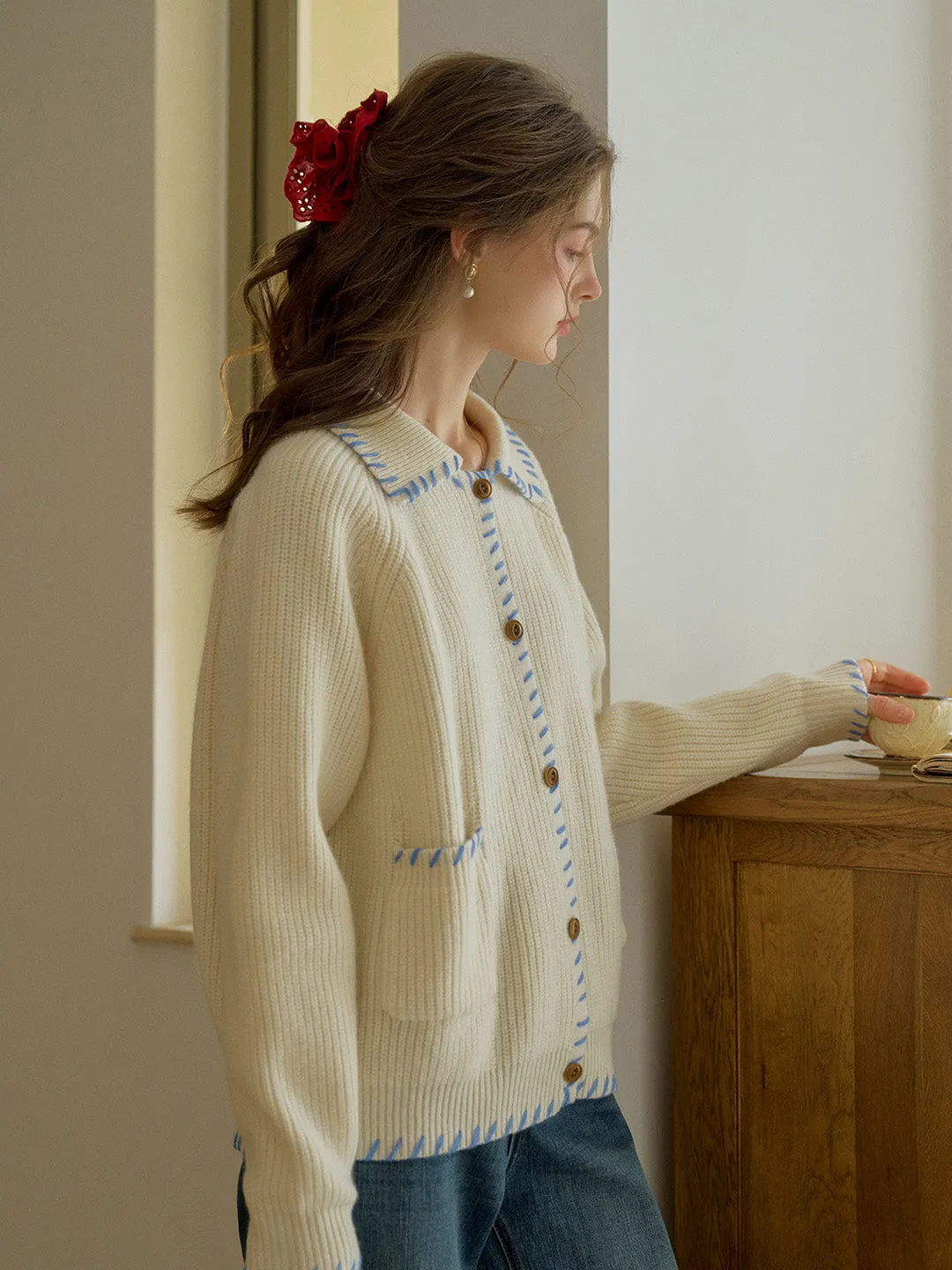 Kahlani Peter Pan Collar Contrasting Embroidered Pocket 100% Wool Cardigan - Gray
