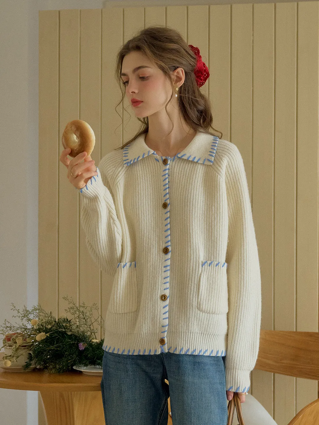 Kahlani Peter Pan Collar Contrasting Embroidered Pocket 100% Wool Cardigan - Gray