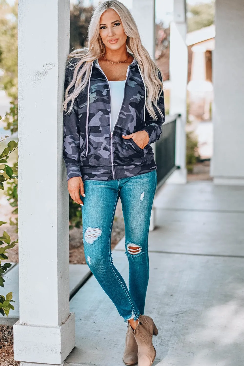 KaleaBoutique Classic Camo Print Zip-up Hooded Coat with Pockets