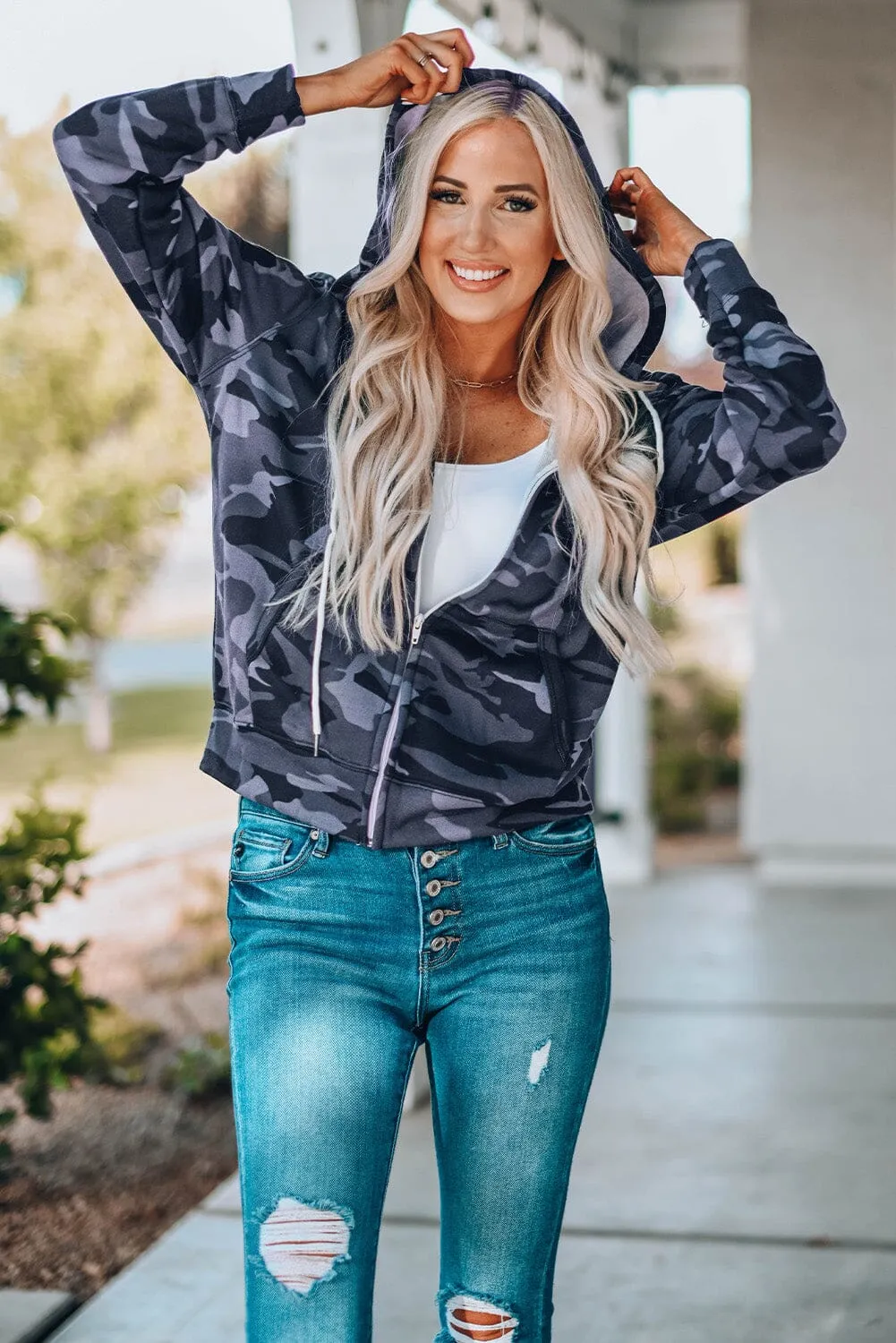 KaleaBoutique Classic Camo Print Zip-up Hooded Coat with Pockets