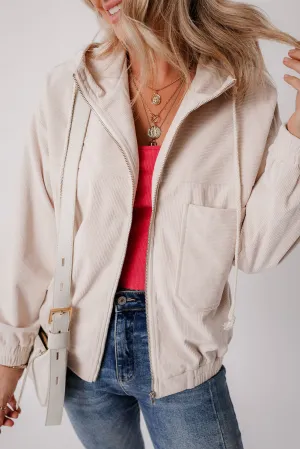 KaleaBoutique Corduroy Drawstring Hooded Pocket Zip Up Jacket