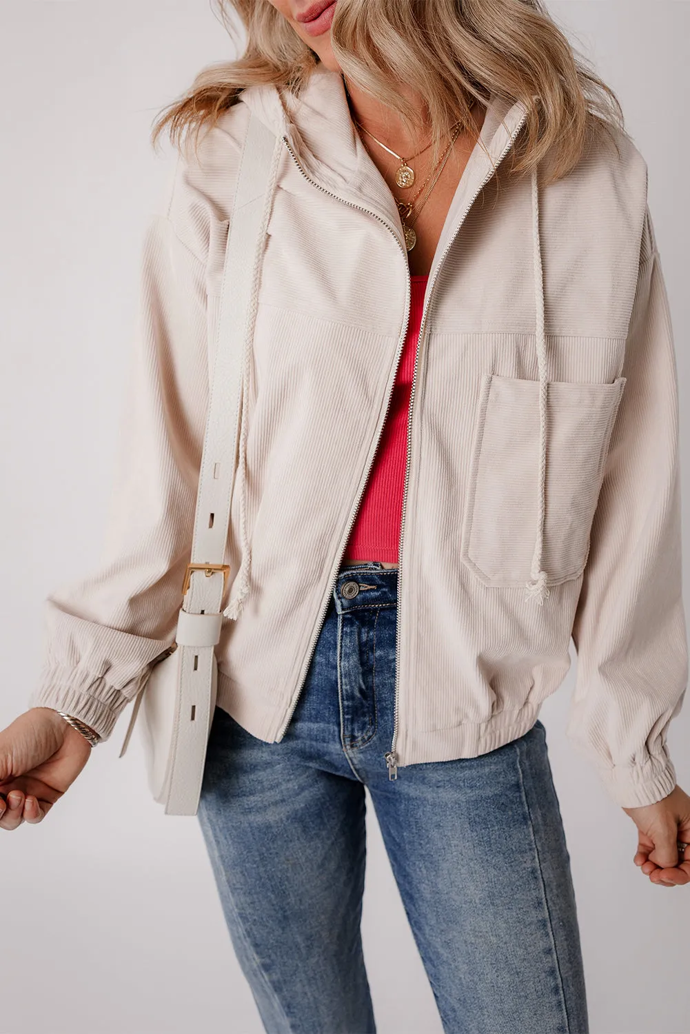 KaleaBoutique Corduroy Drawstring Hooded Pocket Zip Up Jacket
