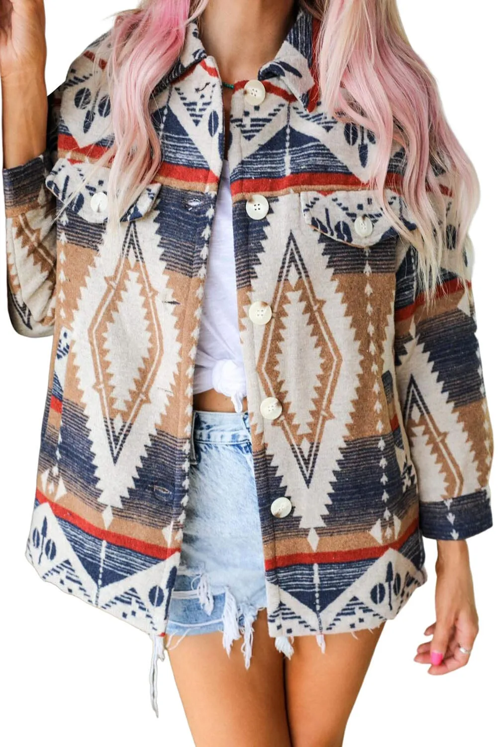 KaleaBoutique Stylish Beautiful Aztec Print Button-Up Oversized Jacket