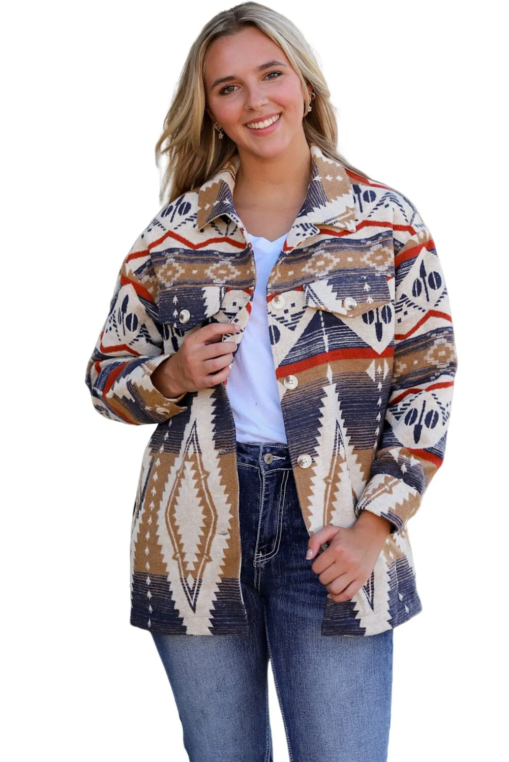 KaleaBoutique Stylish Beautiful Aztec Print Button-Up Oversized Jacket