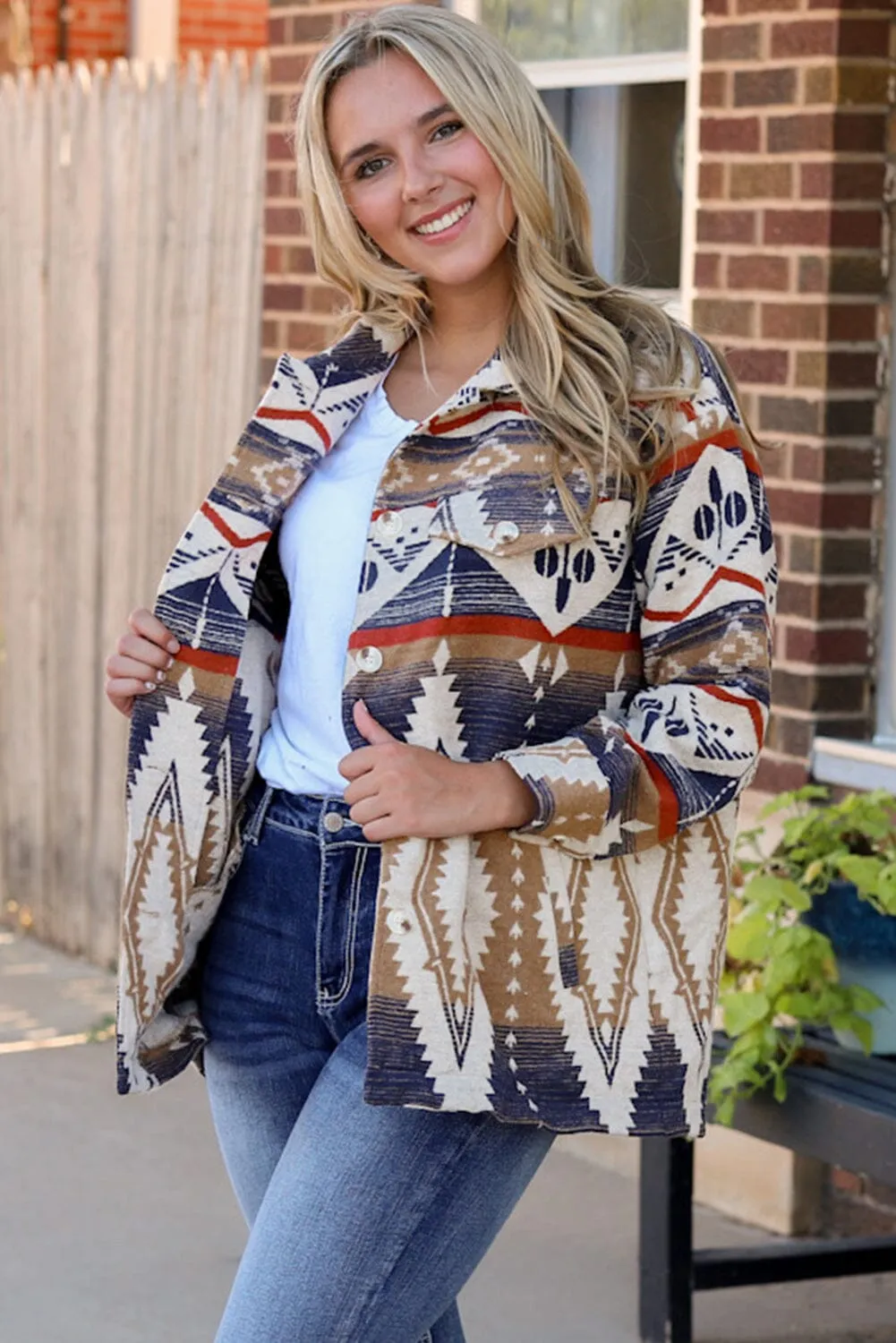 KaleaBoutique Stylish Beautiful Aztec Print Button-Up Oversized Jacket