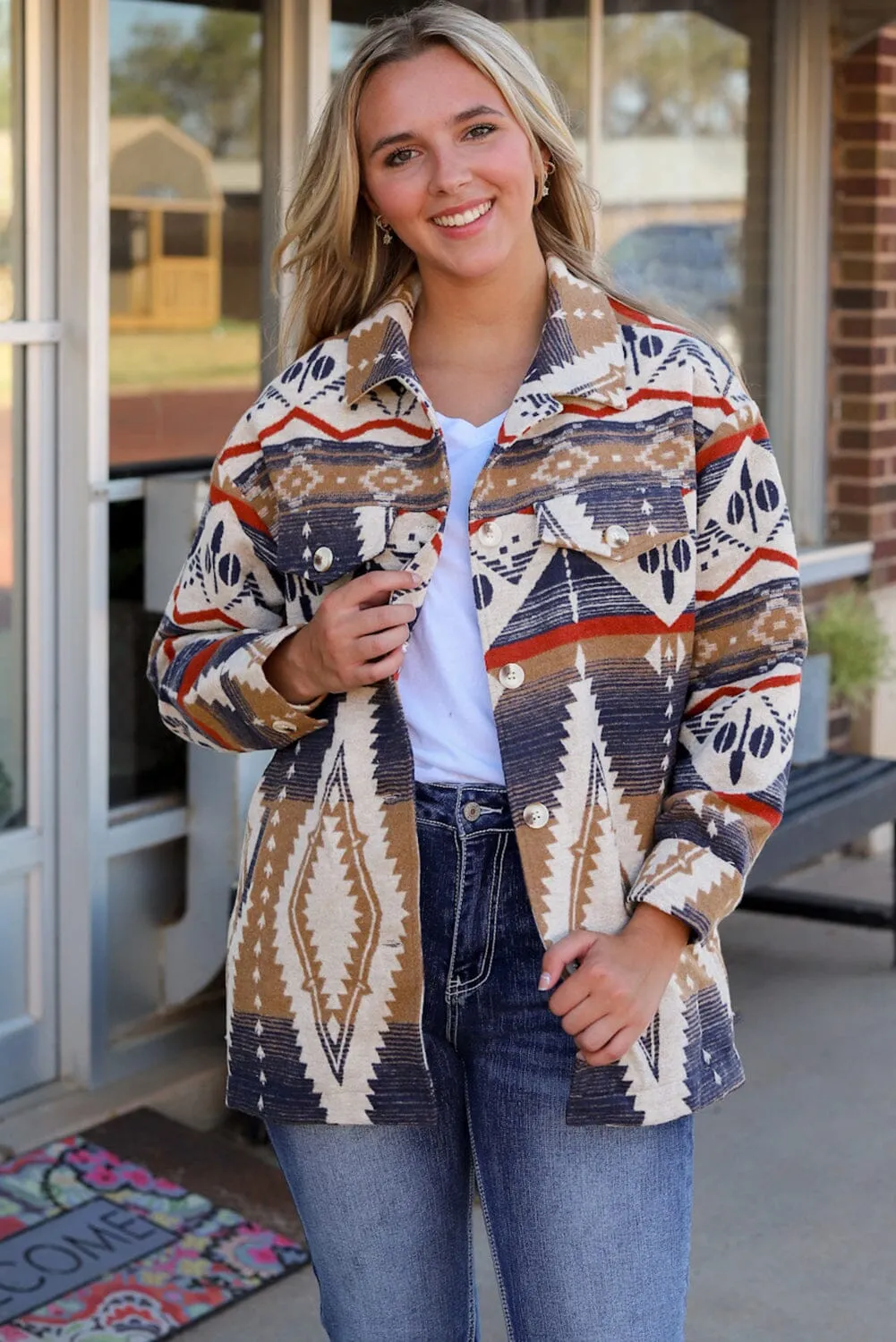 KaleaBoutique Stylish Beautiful Aztec Print Button-Up Oversized Jacket