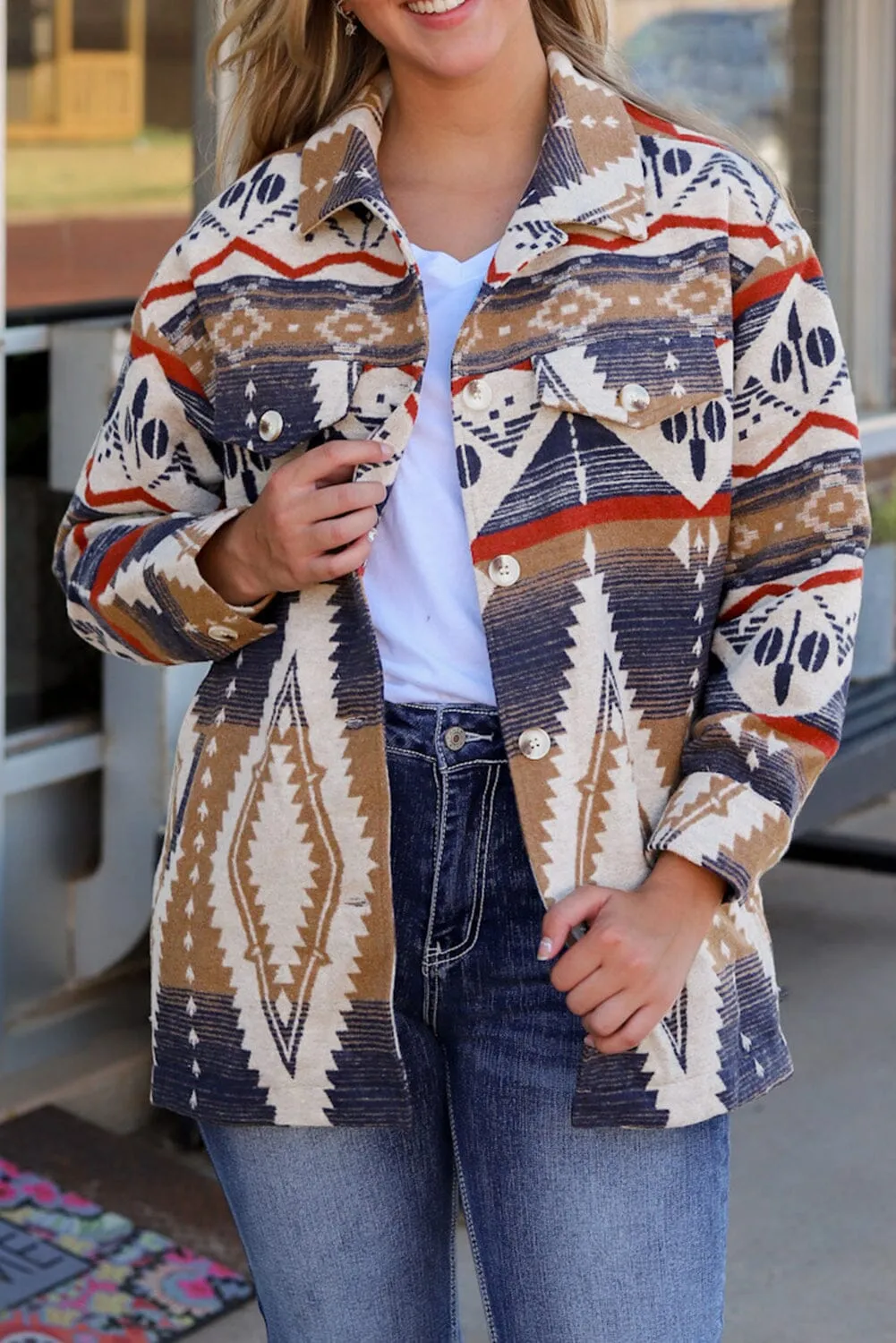 KaleaBoutique Stylish Beautiful Aztec Print Button-Up Oversized Jacket