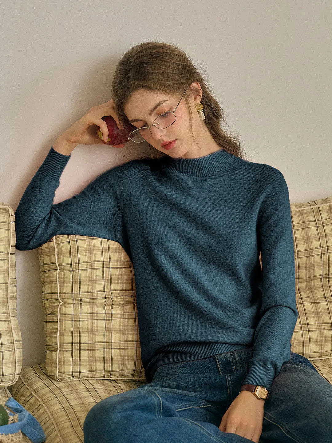 Kamari Mock Neck 100% Wool Slim Fit Knit Sweater-Brown