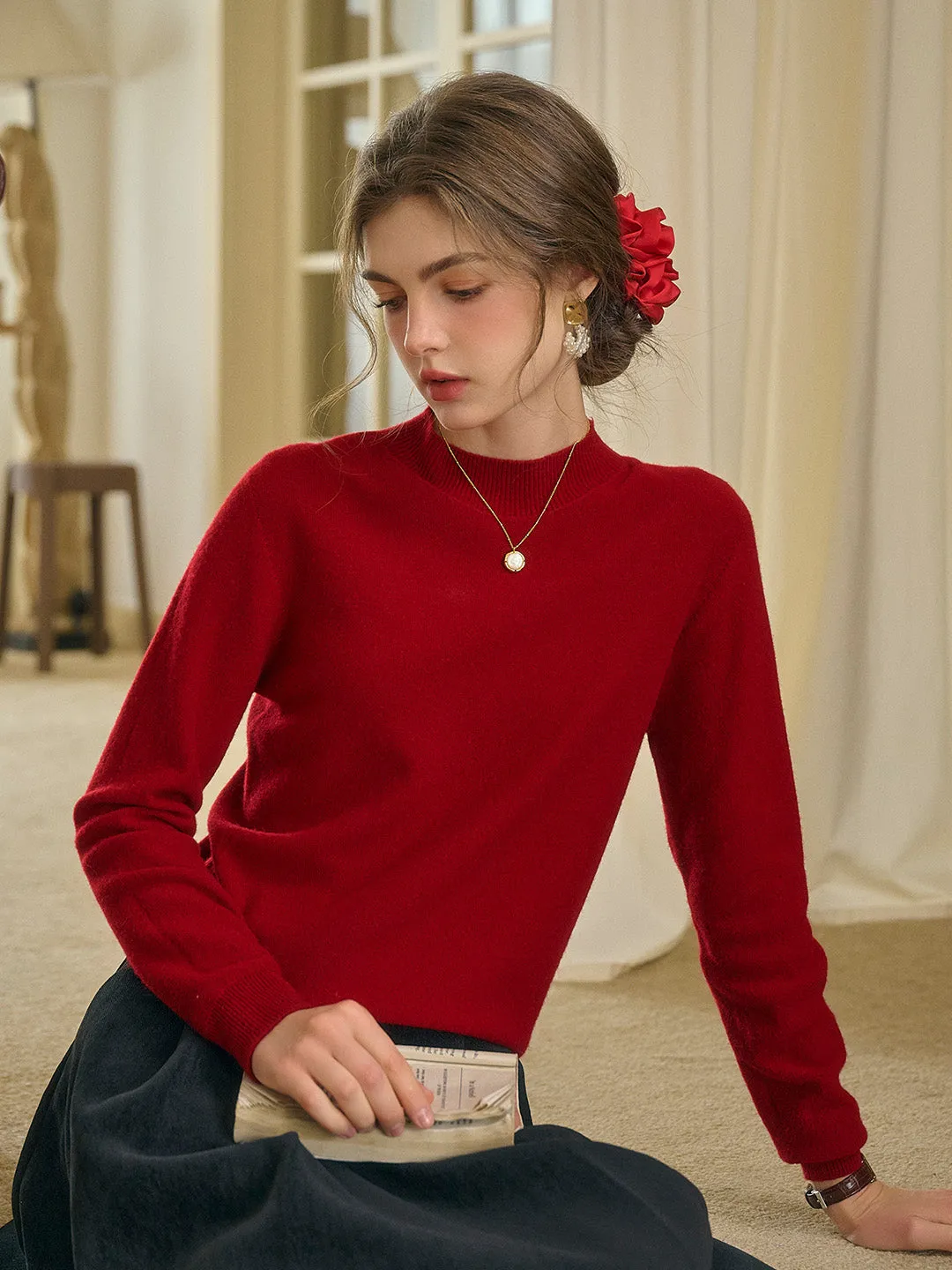 Kamari Mock Neck 100% Wool Slim Fit Knit Sweater-Pink