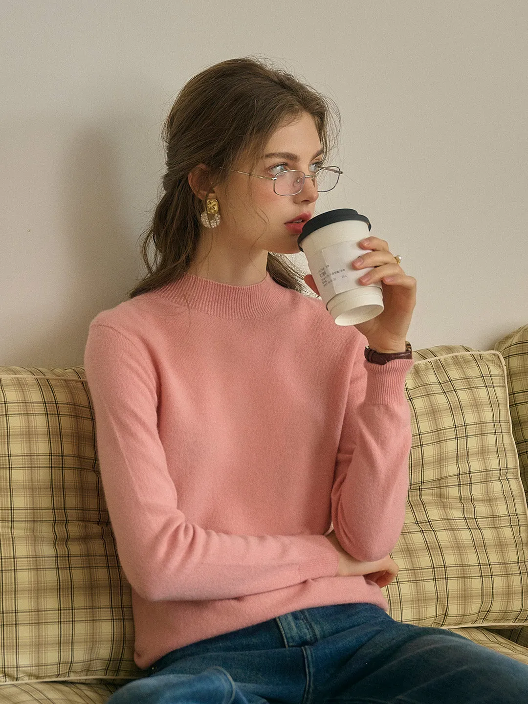 Kamari Mock Neck 100% Wool Slim Fit Knit Sweater-Pink