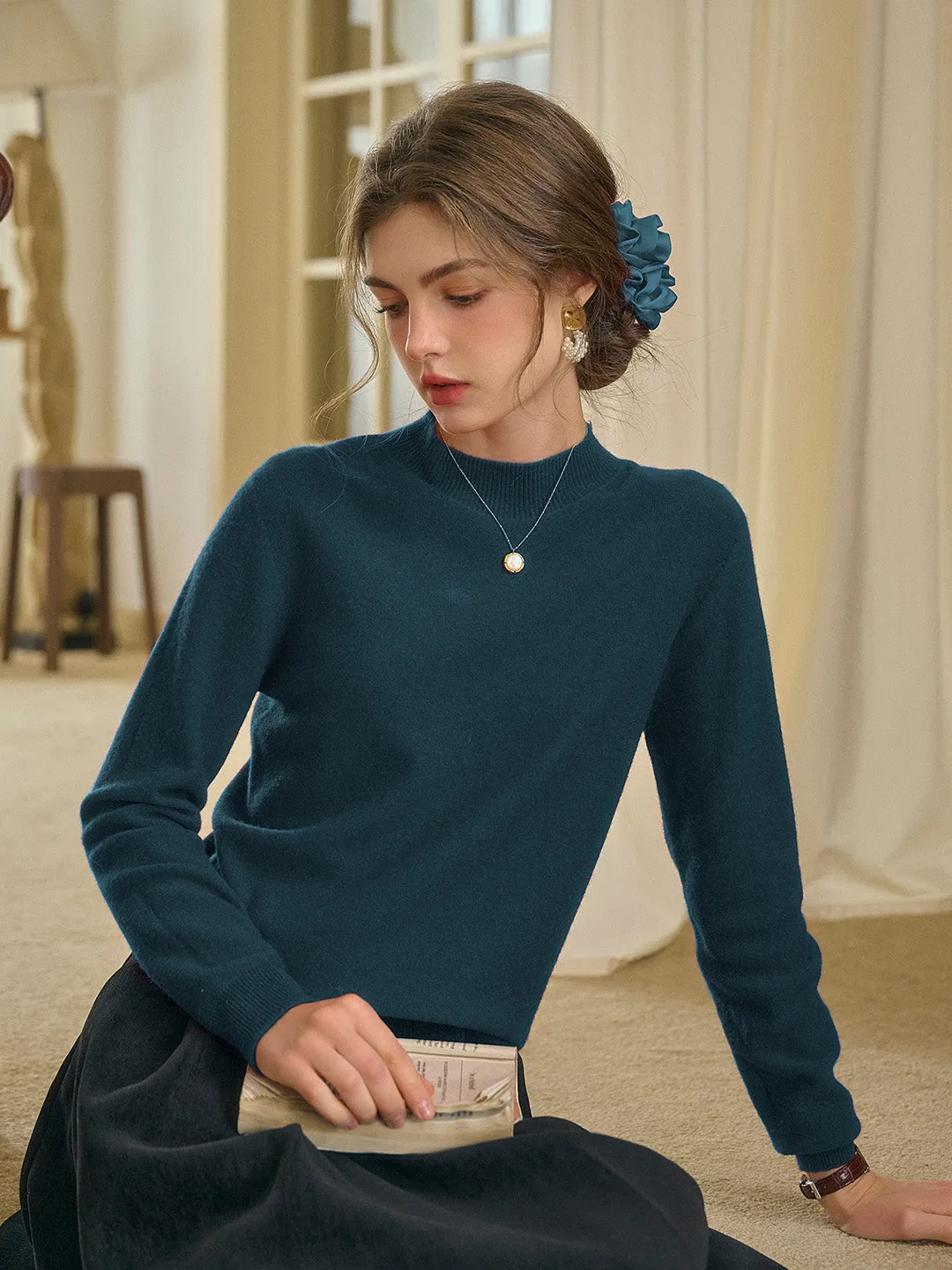 Kamari Mock Neck 100% Wool Slim Fit Knit Sweater-Pink