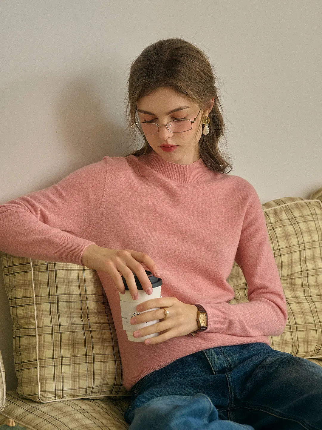 Kamari Mock Neck 100% Wool Slim Fit Knit Sweater-Pink