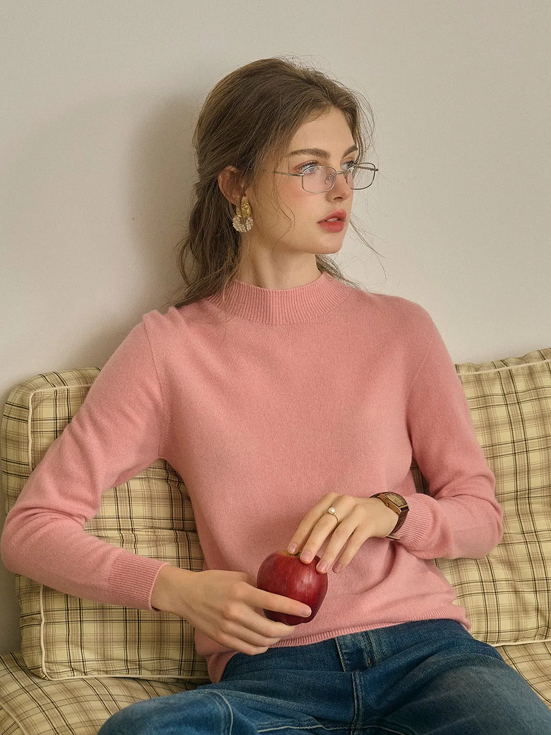 Kamari Mock Neck 100% Wool Slim Fit Knit Sweater-Pink