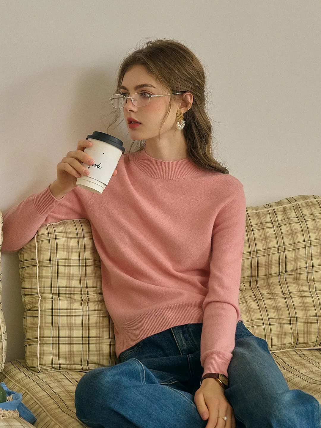 Kamari Mock Neck 100% Wool Slim Fit Knit Sweater-Pink