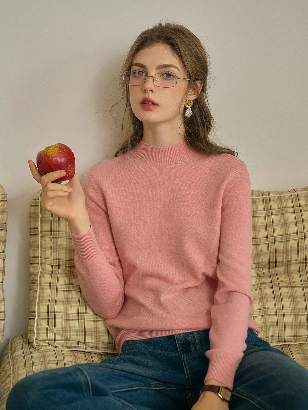 Kamari Mock Neck 100% Wool Slim Fit Knit Sweater-Pink
