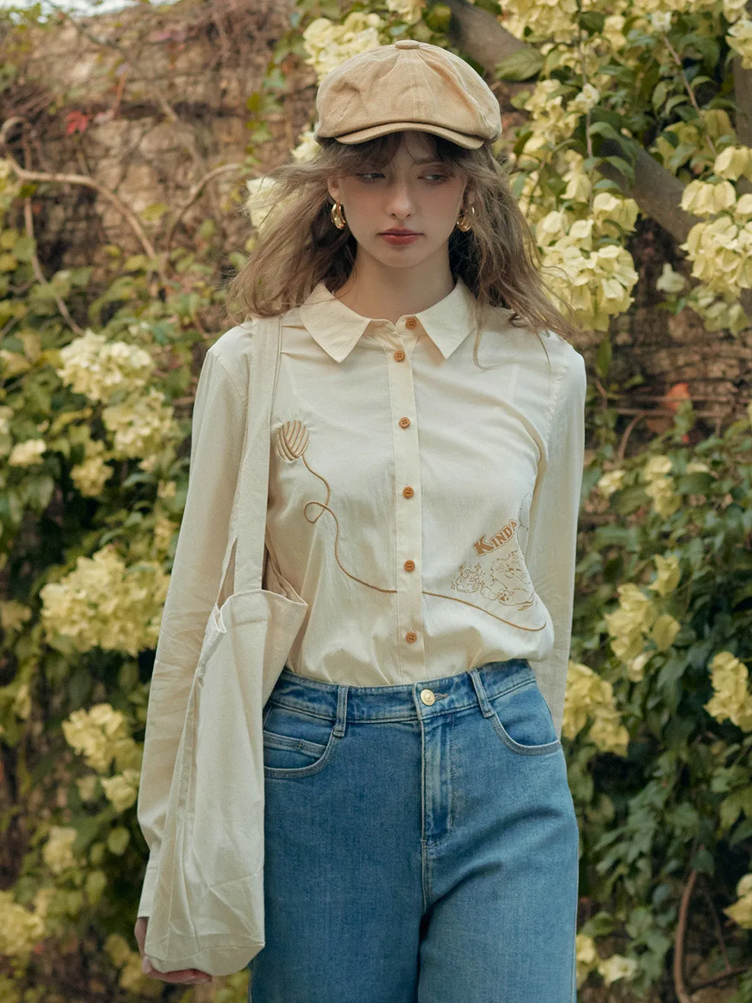 Keira Lapel Embroidery Shirt - Blue