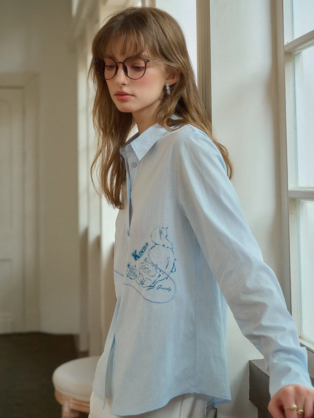 Keira Lapel Embroidery Shirt - Blue
