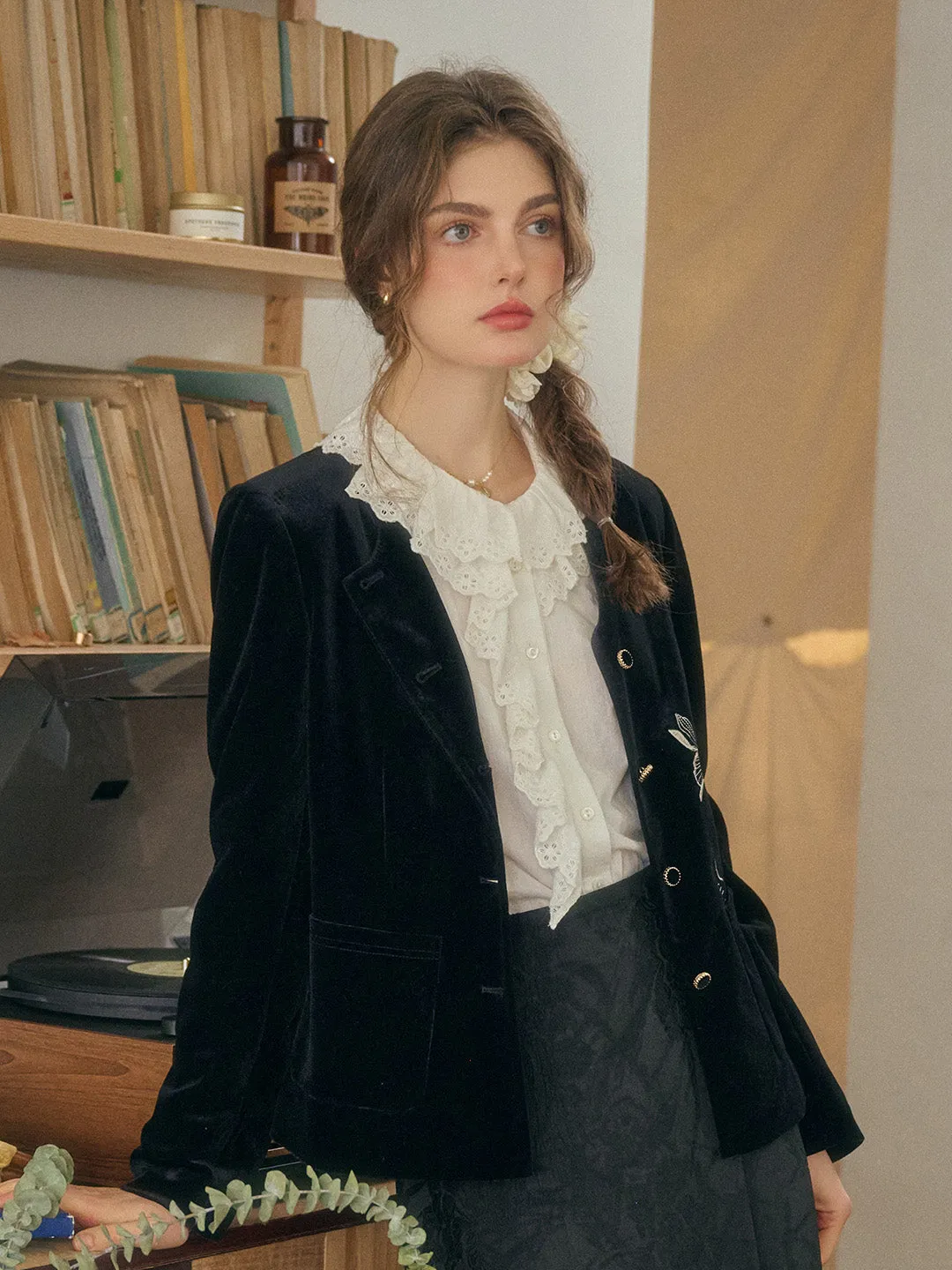 Kendra Contrasting Floral Embroidered Velvet Jacket